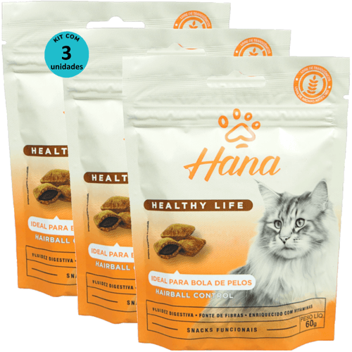 kit 3 Snacks Hana Healthy Life Hairball Control P/ Gatos Adultos- 60g