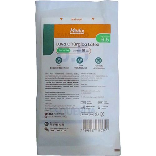 Luva Cirúrgica de Látex Medix - Sem Pó - 6.5 - Par Luva Cirúrgica de Látex Medix - Sem Pó - 6.5 - Par