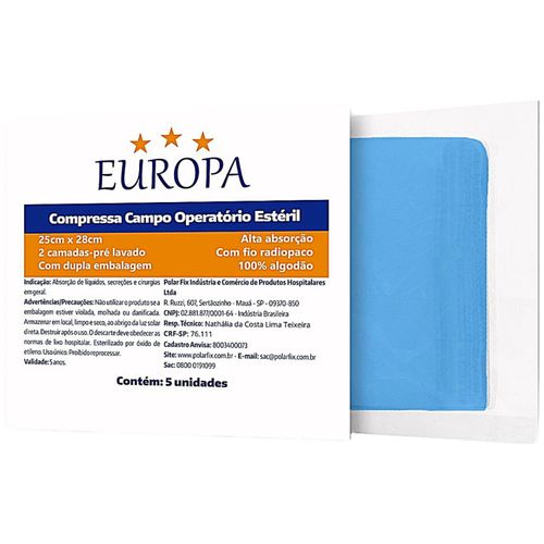 Compressa Campo Operatório Europa Estéril 25x28cm com RX 2 camadas- 5 unidades