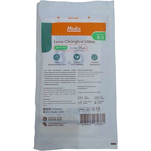 Luva Cirúrgica de Látex Medix - Sem Pó - 8.5 - Par Luva Cirúrgica de Látex Medix - Sem Pó - 8.5 - Par