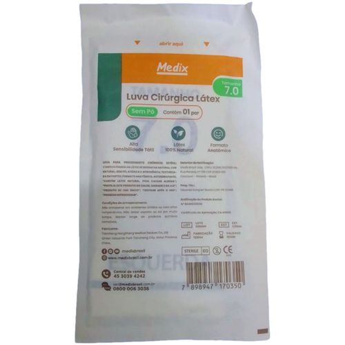 Luva Cirúrgica de Látex Medix - Sem Pó - 7.0 - Par