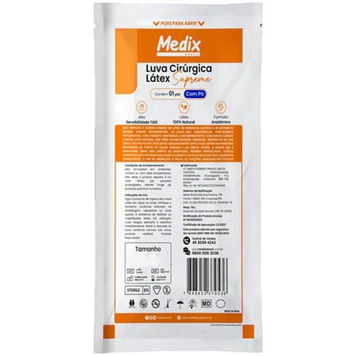 Luva Cirúrgica Supreme Medix Brasil Látex com Pó - Estéril - Tamanho 6.5 - Estéril