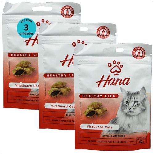 SNACK HANA HEALTHY LIFE VITAGUARD CATS PARA GATOS ADULTOS 60G KIT COM 3