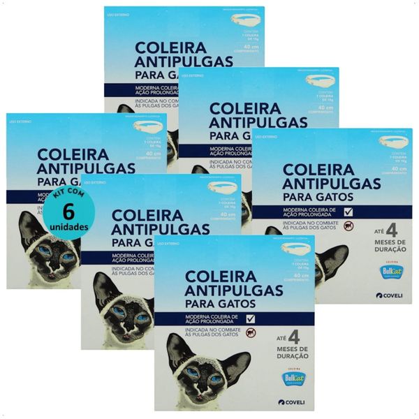 COLEIRA ANTIPULGAS BULLCAT PARA GATOS 40CM E 15G COVELI KIT COM 6