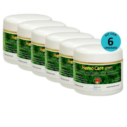 Kit 6 Hemo Care Green Suplemento P/ Cães e Gatos C/ 30 Cápsulas - Inovet Kit 6 Hemo Care Green Suplemento P/ Cães e Gatos C/ 30 Cápsulas - Inovet