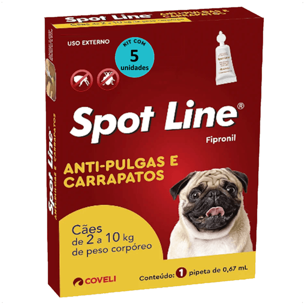 SPOT LINE ANTIPULGAS E CARRAPATOS 0,67ML PARA CÃES DE 2 A 10KG COVELI KIT COM 5