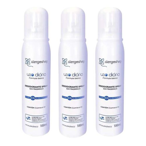 KIT 3 Desodorante Spray Sem Fragrância Hipoalergênico Alergoshop 100ml incolor