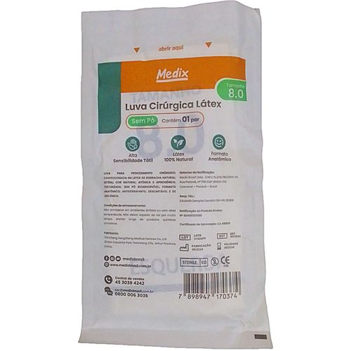 Luva Cirúrgica de Látex Medix - Sem Pó - 8.0 - Par