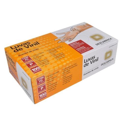 Luva de Vinil Transparente Descarpack - Com Pó - P - Caixa com 100 luvas
