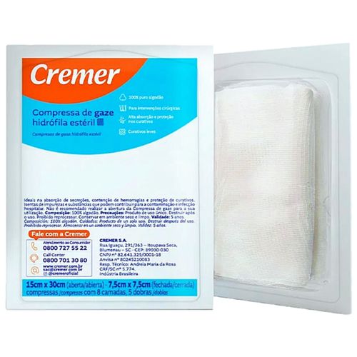 Compressa Gaze Cremer Estéril 13fios 7.5x7.5cm 10 compressas Compressa Gaze Cremer Estéril 13fios 7.5x7.5cm 10 compressas