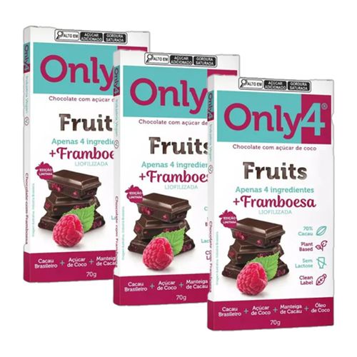 Kit 3X: Chocolate 70% Cacau com Framboesa Sem Lactose Vegano Only4 70G