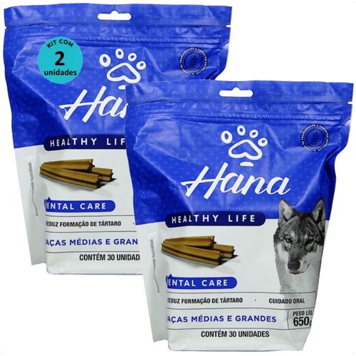 SNACK HANA LIFE DENTAL CARE CÃES ADULTOS RAÇAS MÉDIAS E GRANDES 650G KIT COM 2