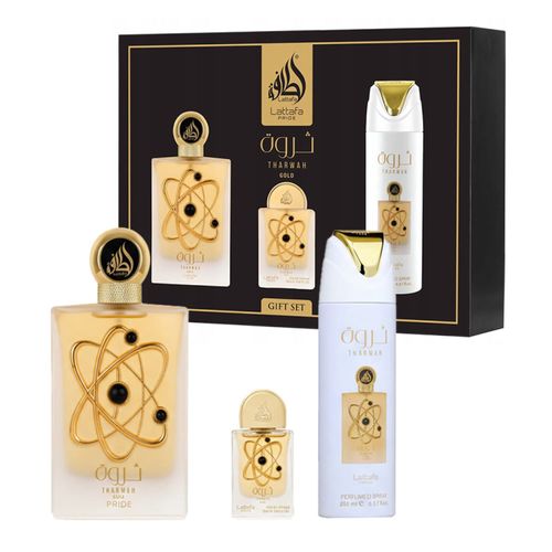 Kit Lattafa Tharwan Gold Edp 100ml + 20ml + Deso 200ml NULO Kit Lattafa Tharwan Gold Edp 100ml + 20ml + Deso 200ml NULO