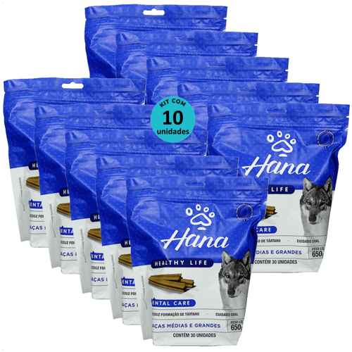 SNACK HANA LIFE DENTAL CARE CÃES ADULTOS RAÇAS MÉDIAS E GRANDES 650G KIT COM 10