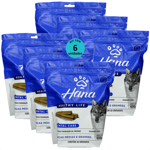 SNACK HANA LIFE DENTAL CARE CÃES ADULTOS RAÇAS MÉDIAS E GRANDES 650G KIT COM 6