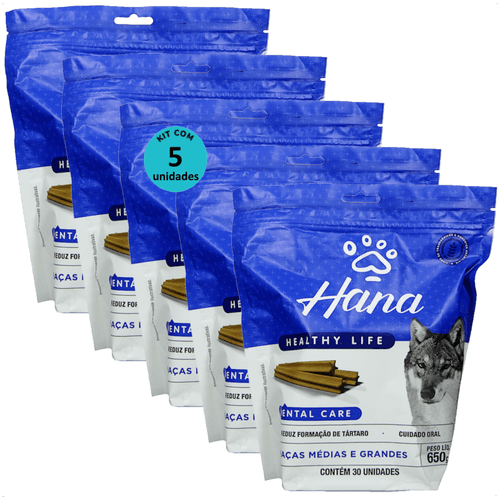SNACK HANA LIFE DENTAL CARE CÃES ADULTOS RAÇAS MÉDIAS E GRANDES 650G KIT COM 5