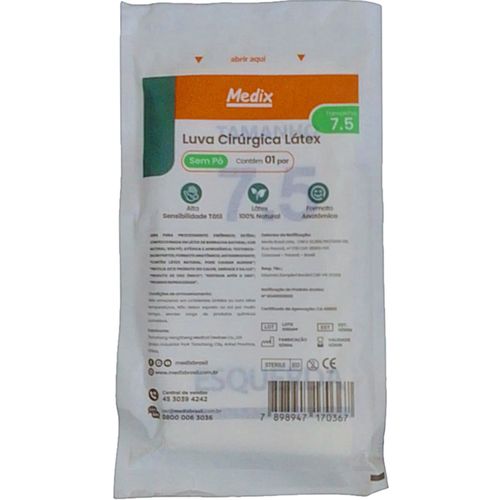 Luva Cirúrgica de Látex Medix - Sem Pó - 7.5 - Par Luva Cirúrgica de Látex Medix - Sem Pó - 7.5 - Par