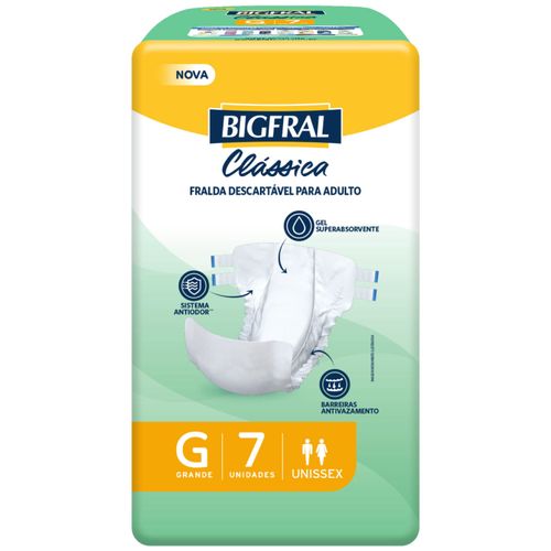 Fralda Geriátrica Clássica Bigfral - Tamanho G - 7 unidades - Novo Modelo Fralda Geriátrica Clássica Bigfral - Tamanho G - 7 unidades - Novo Modelo