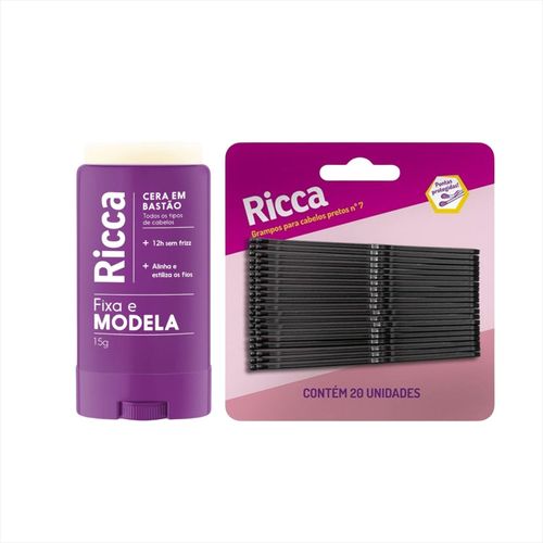 Kit Ricca Cera Fixadora Em Bastão + Grampo Cabelo Preto 20un Kit Ricca Cera Fixadora Em Bastão + Grampo Cabelo Preto 20un