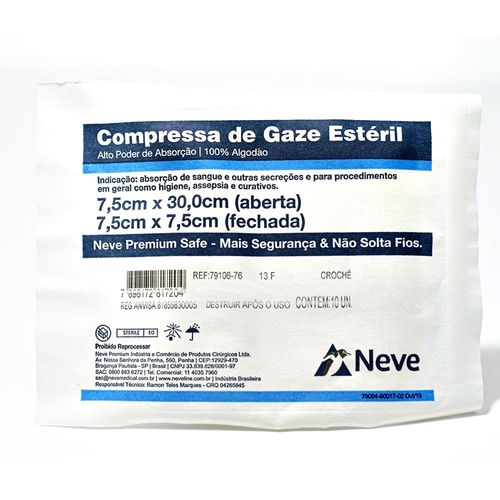 Compressa Gaze Neve Estéril 13 Fios 7.5x7.5cm Crochê - 10 gazes Compressa Gaze Neve Estéril 13 Fios 7.5x7.5cm Crochê - 10 gazes