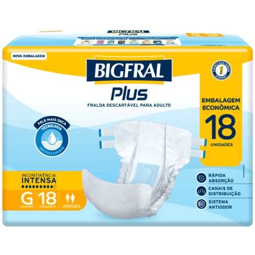 Fralda Geriátrica Plus Bigfral - Tamanho G - 18 Unidades Fralda Geriátrica Plus Bigfral - Tamanho G - 18 Unidades