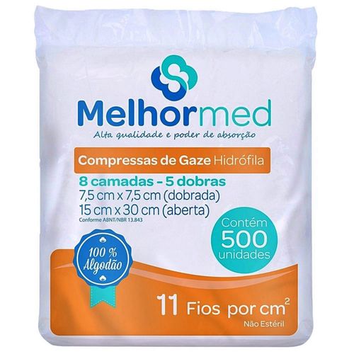 Compressa de Gaze não Estéril MelhorMed - 11 Fios - 7,5cm x 7,5cm - 500 unidades Compressa de Gaze não Estéril MelhorMed - 11 Fios - 7,5cm x 7,5cm - 500 unidades