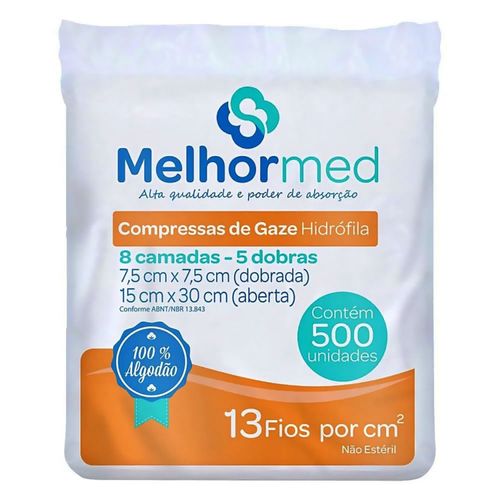 Compressa de Gaze não Estéril MelhorMed - 13 Fios - 7,5cm x 7,5cm - 500 unidades
