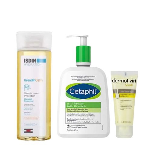 Kit Óleo Banho Ureadin Calm 200ml + Cetaphil Loção Corporal 473ml + Dermotivin Scrub Esfoliante 60g Kit Óleo Banho Ureadin Calm 200ml + Cetaphil Loção Corporal 473ml + Dermotivin Scrub Esfoliante 60g