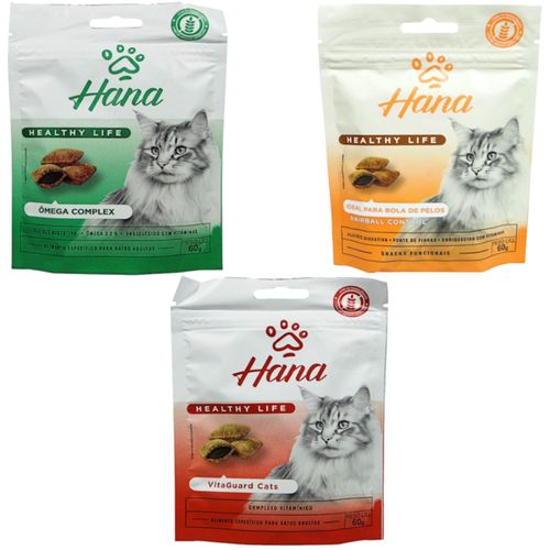 SNACK HANA PARA GATOS KIT ÔMEGA COMPLEX VITAGUARD CATS E HAIRBALL CONTROL 60G