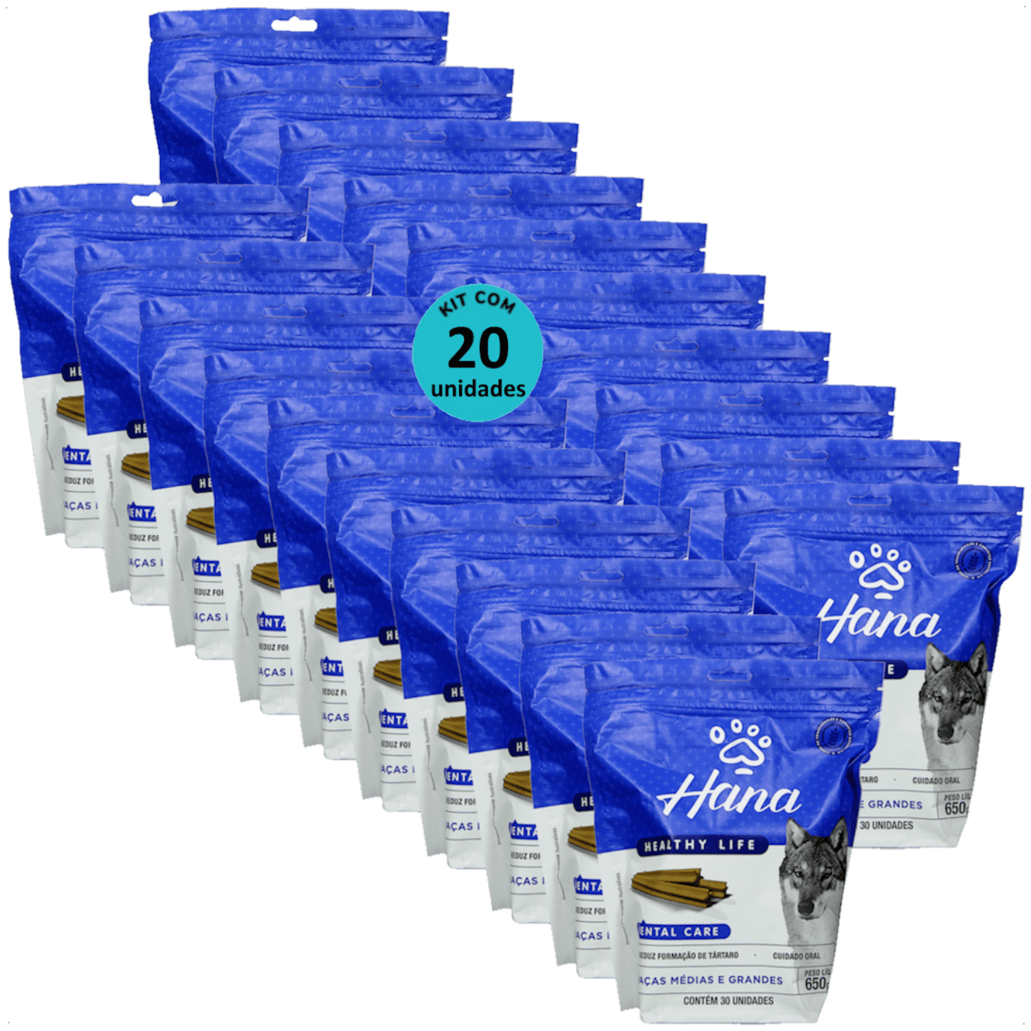 SNACK HANA LIFE DENTAL CARE CÃES ADULTOS RAÇAS MÉDIAS E GRANDES 650G KIT COM 20