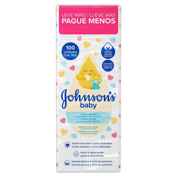 Algodão Quadrado Johnson's Baby Recém-nascido Sem Perfume 100 Unidades
