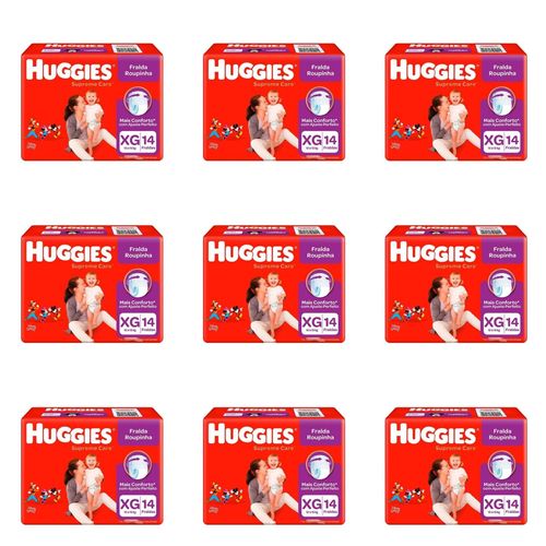 Kit 9 Fraldas Huggies Roupinha Supreme Care Jumbo Xg c/14 Unidades cada Kit 9 Fraldas Huggies Roupinha Supreme Care Jumbo Xg c/14 Unidades cada