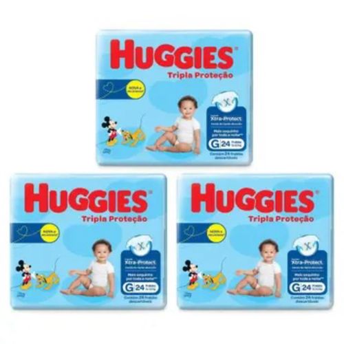 Kit 3 Fraldas Huggies Tripla Proteção Jumbo (G) 24 Unidades cada Kit 3 Fraldas Huggies Tripla Proteção Jumbo (G) 24 Unidades cada