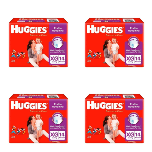 Kit 4 Fraldas Huggies Roupinha Supreme Care Jumbo Xg c/14 Unidades cada Kit 4 Fraldas Huggies Roupinha Supreme Care Jumbo Xg c/14 Unidades cada