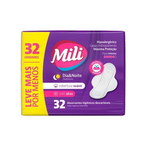 Kit c/4 Absorvente Mili Dia&Noite C/Abas 32 Unidades