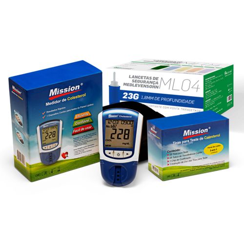 Monitor Lipídico Mission + 25 Tiras de Colesterol + 100 lancetas NR32 23G Monitor Lipídico Mission + 25 Tiras de Colesterol + 100 lancetas NR32 23G