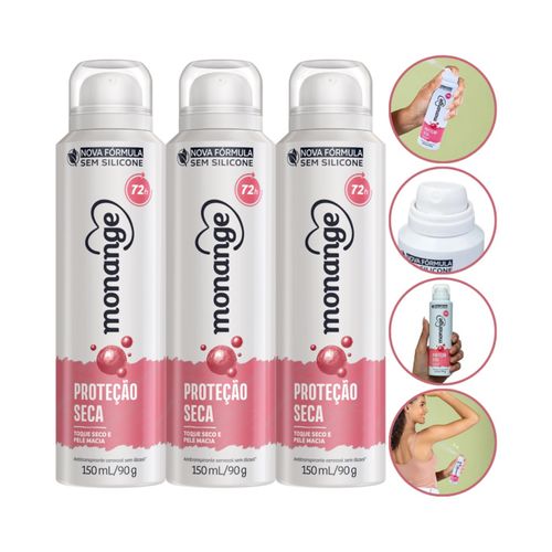 Kit 3 Desodorantes Aerosol Proteção Seca 48h Monange 150ml