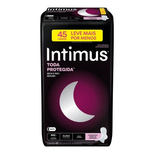 Absorvente Intimus Noturno Extra Proteção Cobertura Suave Com Abas 45 unidades Absorvente Intimus Noturno Extra Proteção Cobertura Suave Com Abas 45 unidades