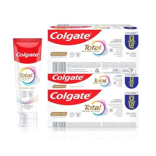 Kit com 3 Unidades de Creme Dental Colgate Original Mint Total Prevenção Ativa 90g - Embalagem com 12 Unidades Kit com 3 Unidades de Creme Dental Colgate Original Mint Total Prevenção Ativa 90g - Embalagem com 12 Unidades