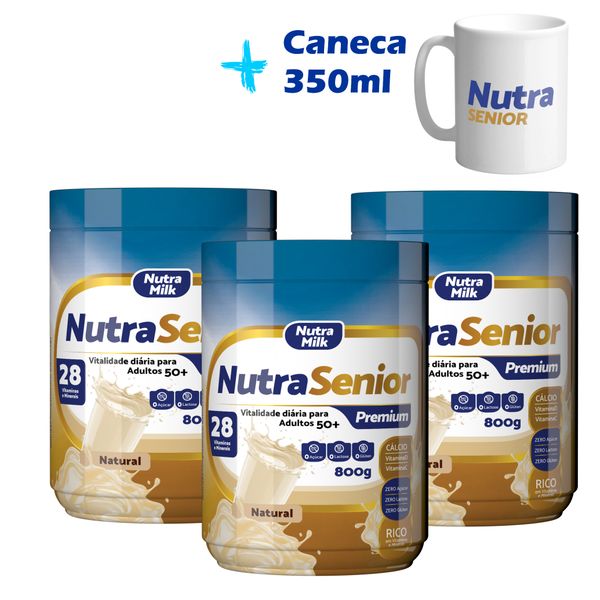 3 potes de Nutra Senior Premium 50+ 800g ZERO LACTOSE e Caneca Exclusiva Nutra Senior Kit Baunilha + Caneca
