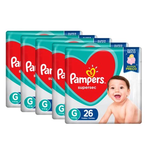 Kit 5 Fraldas Pampers Supersec Pacotão G c/26 - 130 unidades Kit 5 Fraldas Pampers Supersec Pacotão G c/26 - 130 unidades