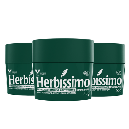 Kit c/3 Unidades de Desodorante Creme Herbissimo 55g Tradicional