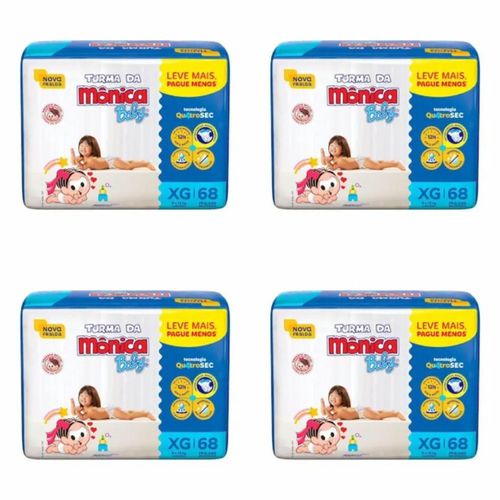 Kit 4 Fraldas Turma da Mônica Giga Tamanho XG com 68 Unidades cada Kit 4 Fraldas Turma da Mônica Giga Tamanho XG com 68 Unidades cada
