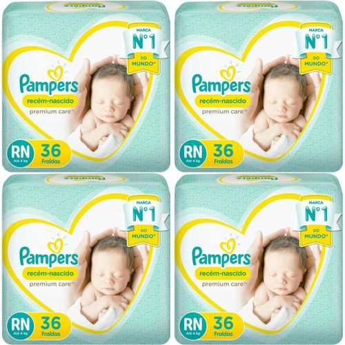 Kit 4 Fraldas Recem Nascido Premium Care ”Rn” Pampers Simples c/ 36 Unidades cada