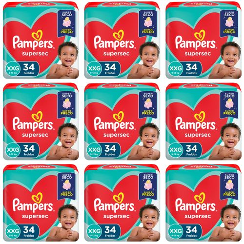 Kit 9 Fraldas Supersec Hiper ”Xxg” Pampers Simples c/34 Unidades cada