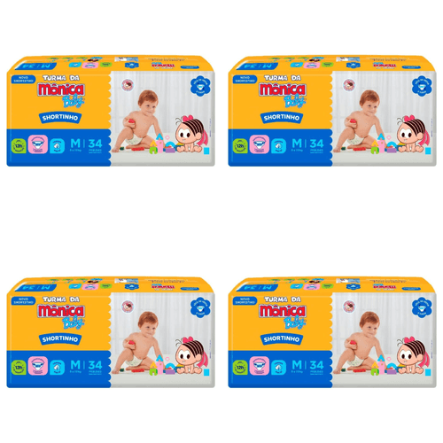 Kit 4 Fraldas Turma da Mônica Short Jumbo Tamanho M com 34 Unidades cada Kit 4 Fraldas Turma da Mônica Short Jumbo Tamanho M com 34 Unidades cada