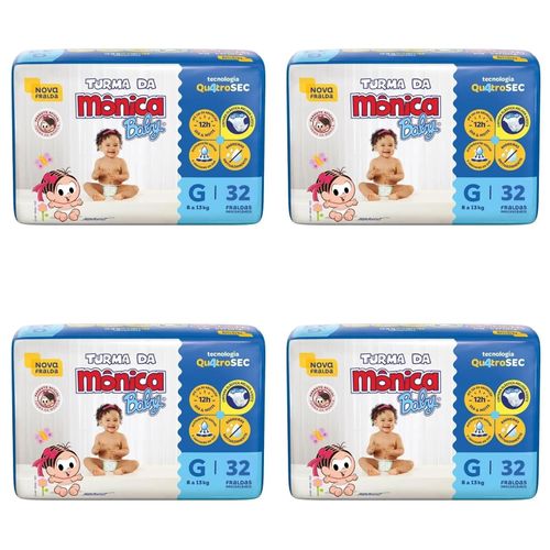 Kit 4 Fraldas Turma da Mônica Econômica G com 32 Unidades cada Kit 4 Fraldas Turma da Mônica Econômica G com 32 Unidades cada