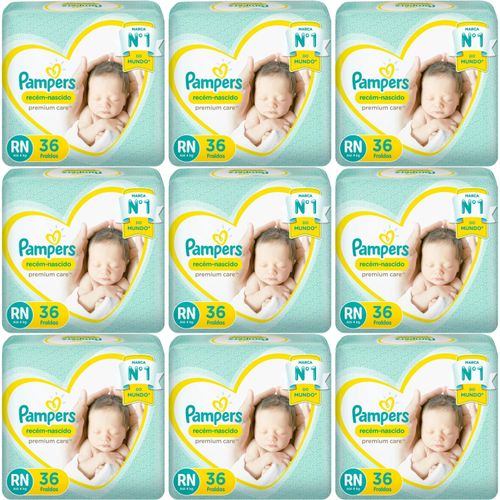 Kit 9 Fraldas Recem Nascido Premium Care ”Rn” Pampers c/36 Unidades cada Kit 9 Fraldas Recem Nascido Premium Care ”Rn” Pampers c/36 Unidades cada