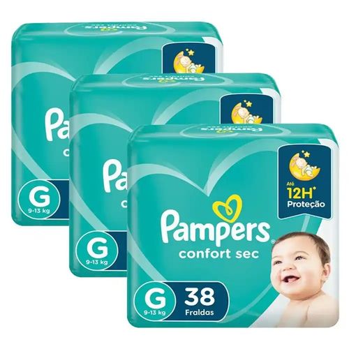 Kit 3 Fraldas Pampers Confort Sec Mega G c/38 Unidades cada Kit 3 Fraldas Pampers Confort Sec Mega G c/38 Unidades cada