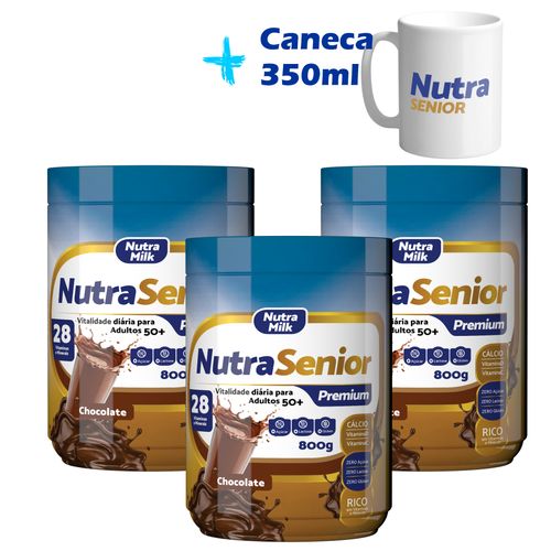 kit 3 de Nutra Senior 50+ 800g linha Premium Zero Lactose e Zero Açúcar + Presente exclusivo Caneca Kit Chocolate + Caneca